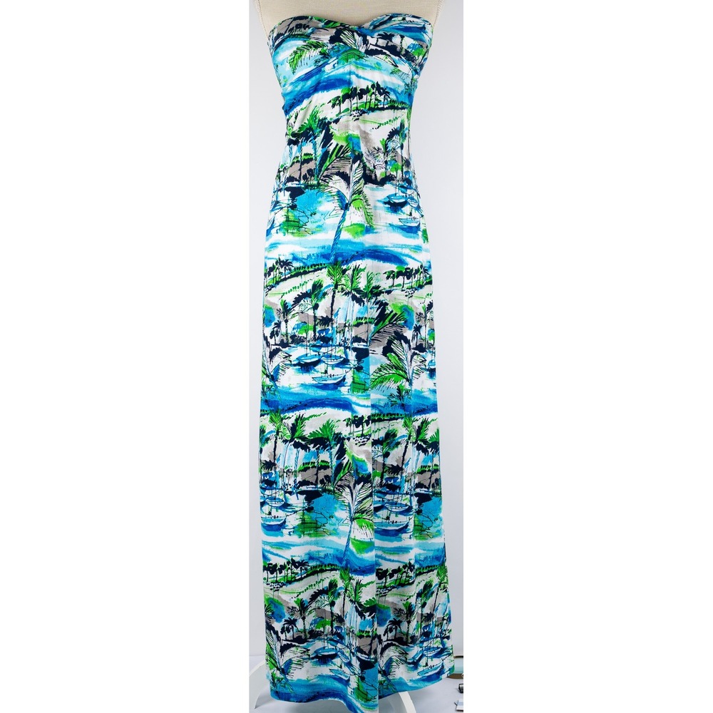 Tommy Bahama Maxi Dress Scenic Harbor Strapless Tropical Palm Trees‎ Size S/P